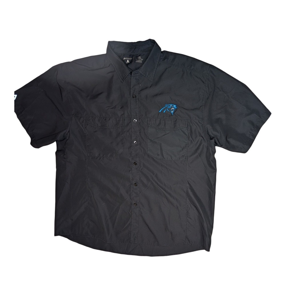Carolina Panthers Antigua Mens XXL Black Grid Short Sleeve Button‎ Up Camp Shirt